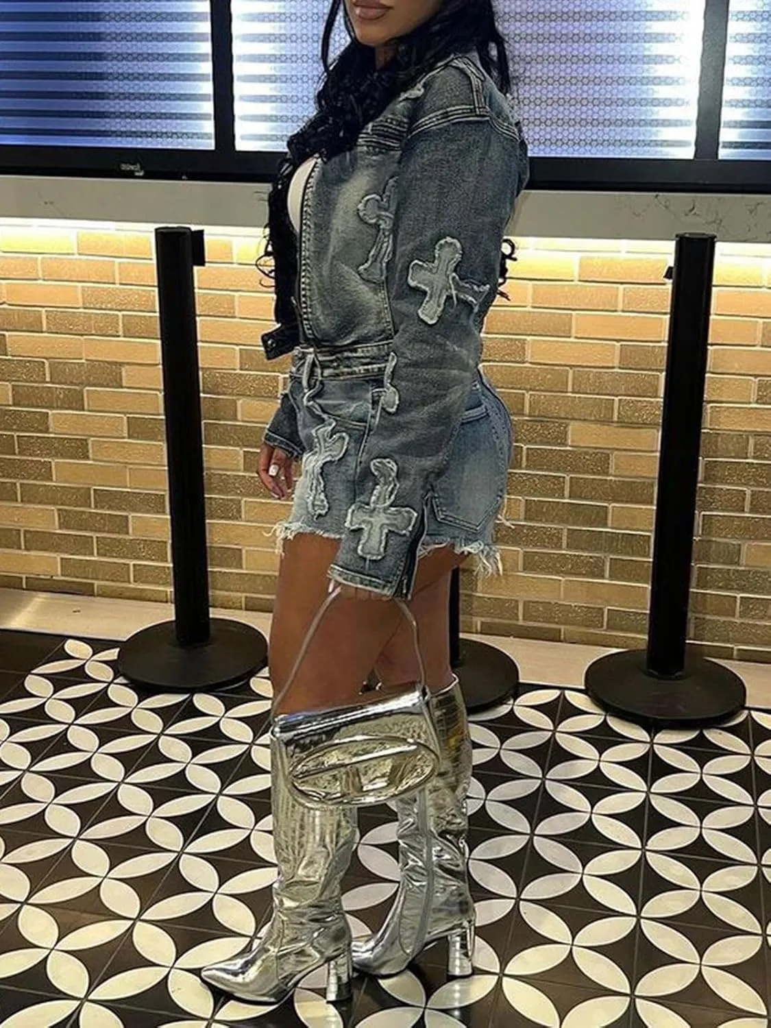 Denim Short Sets Women 2 Piece Outfits Long Sleeve Zip Up Cropped Jacket Raw Hem Skinny Jean Shorts Set
