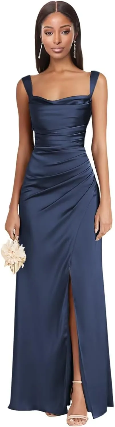 Dessiny Square Neck Satin Bridesmaid Dresses for Women with Slit Spaghetti Straps Pleated Maxi Formal Evening Dress DE236