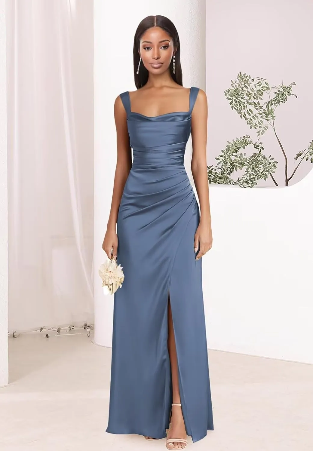 Dessiny Square Neck Satin Bridesmaid Dresses for Women with Slit Spaghetti Straps Pleated Maxi Formal Evening Dress DE236
