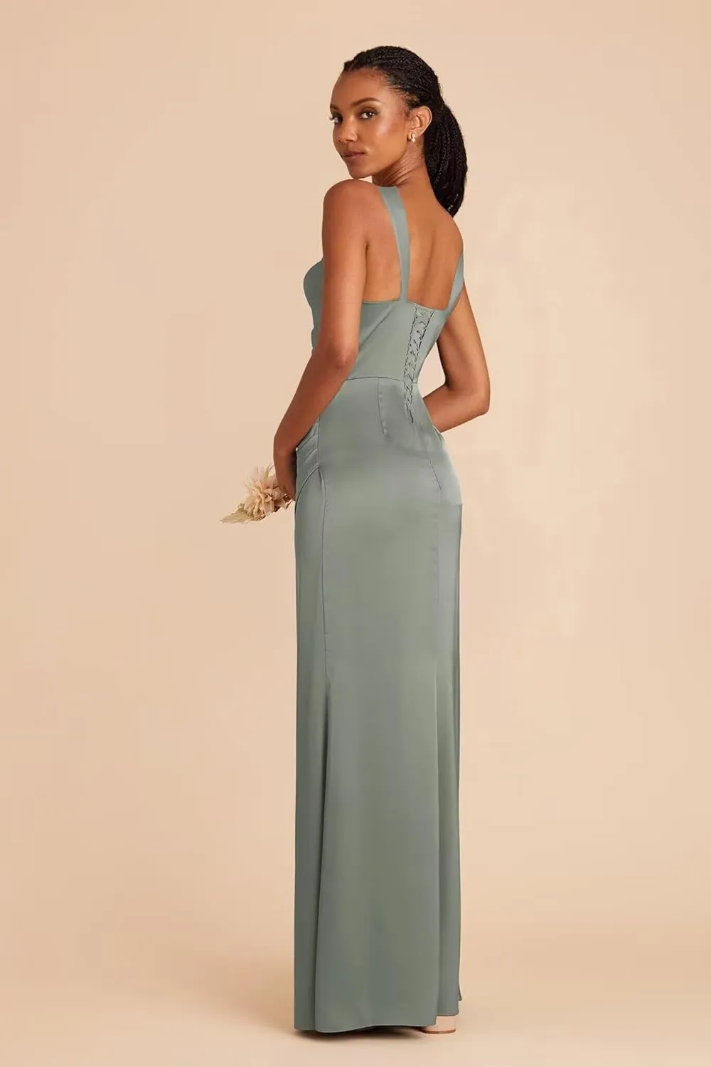 Dessiny Square Neck Satin Bridesmaid Dresses for Women with Slit Spaghetti Straps Pleated Maxi Formal Evening Dress DE236