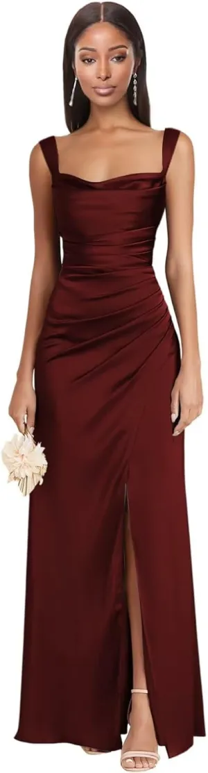 Dessiny Square Neck Satin Bridesmaid Dresses for Women with Slit Spaghetti Straps Pleated Maxi Formal Evening Dress DE236