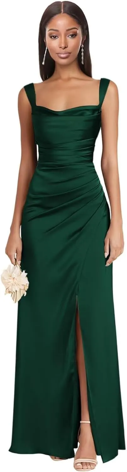 Dessiny Square Neck Satin Bridesmaid Dresses for Women with Slit Spaghetti Straps Pleated Maxi Formal Evening Dress DE236
