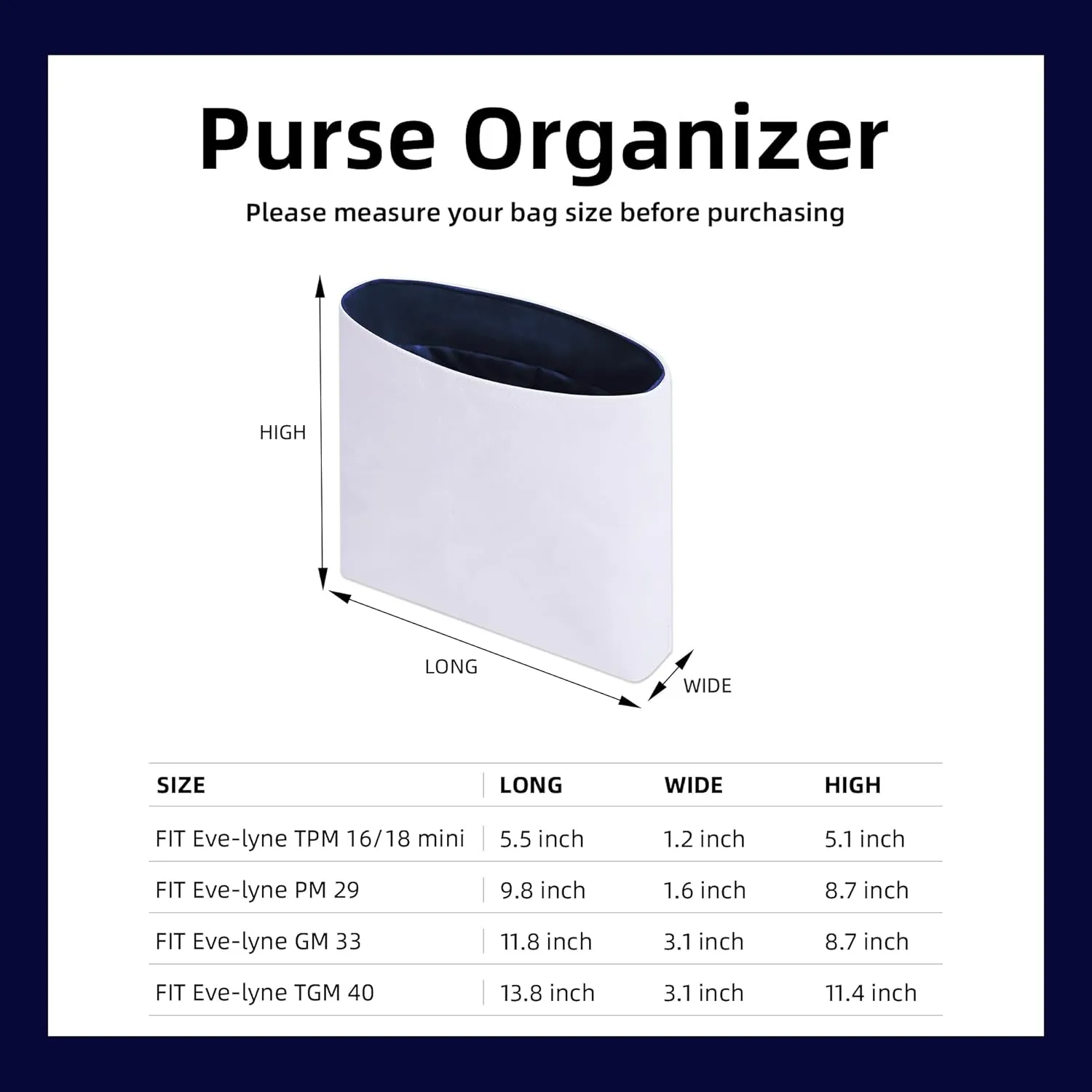DGAZ Lightweight Purse Organizer Insert for Hermes Evelyne Bag,Silk and Dupontpaper handbag inner for Luxury Bags(Blue nuit,PM29)