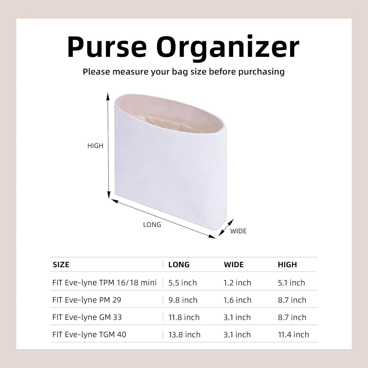 DGAZ Lightweight Purse Organizer Insert for Hermes Evelyne Bag,Silk and Dupontpaper handbag inner for Luxury Bags(Craie,PM29)