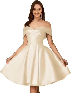 Dymaisei Womens Off Shoulder Homecoming Dresses Mini Short Satin Sweetheart Pleated A Line Prom Dress for Wedding