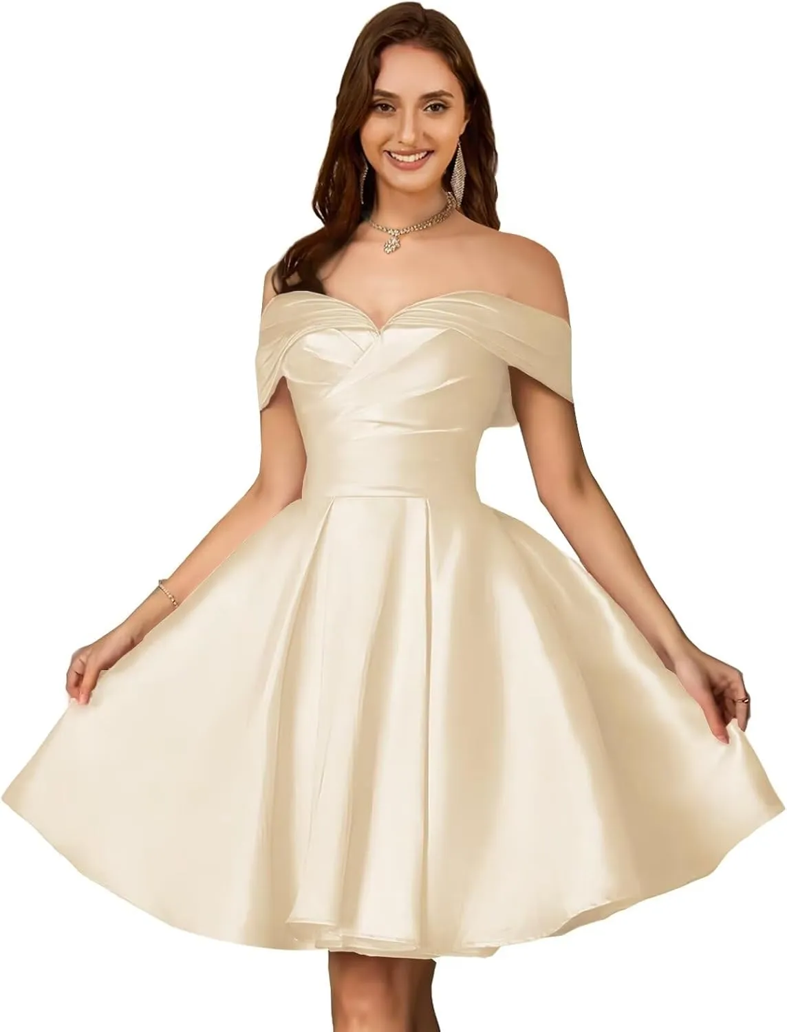Dymaisei Womens Off Shoulder Homecoming Dresses Mini Short Satin Sweetheart Pleated A Line Prom Dress for Wedding