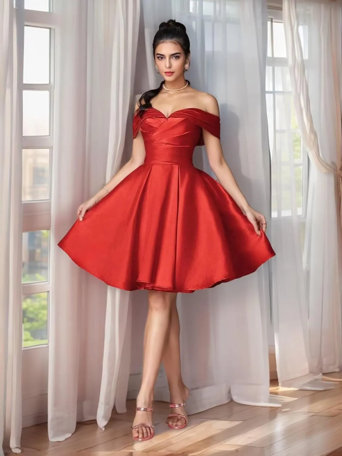 Dymaisei Womens Off Shoulder Homecoming Dresses Mini Short Satin Sweetheart Pleated A Line Prom Dress for Wedding