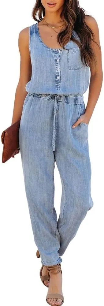 ebossy Women's Summer Sleeveless Tank Top Denim Rompers Drawstring Buttoned Long Pants Jumpsuit
