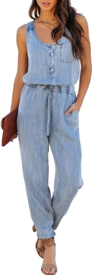 ebossy Women's Summer Sleeveless Tank Top Denim Rompers Drawstring Buttoned Long Pants Jumpsuit