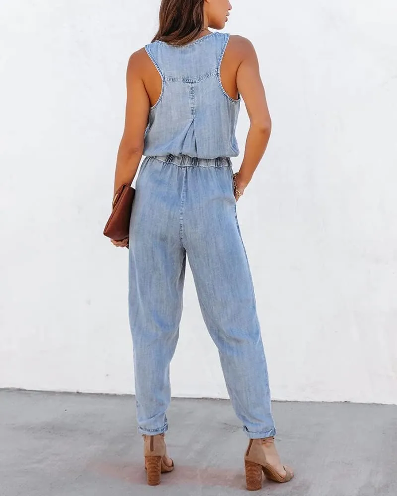 ebossy Women's Summer Sleeveless Tank Top Denim Rompers Drawstring Buttoned Long Pants Jumpsuit