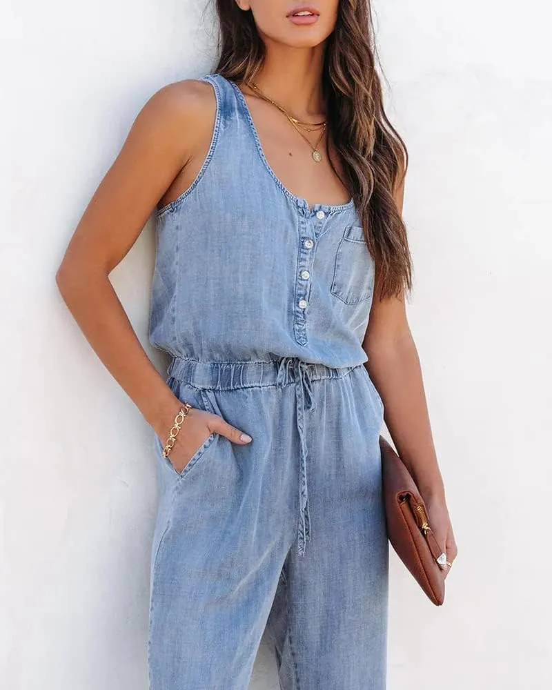 ebossy Women's Summer Sleeveless Tank Top Denim Rompers Drawstring Buttoned Long Pants Jumpsuit