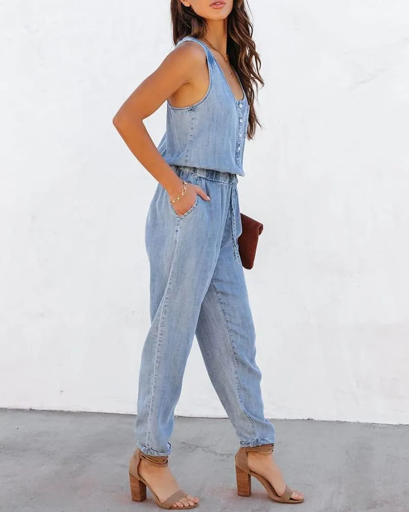 ebossy Women's Summer Sleeveless Tank Top Denim Rompers Drawstring Buttoned Long Pants Jumpsuit