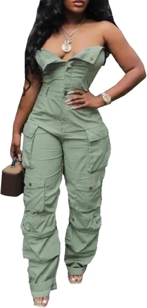 Ecirod Women Denim Strapless Jumpsuit Sexy High Waisted Cargo Pants Tube Top One Piece Jean Romper