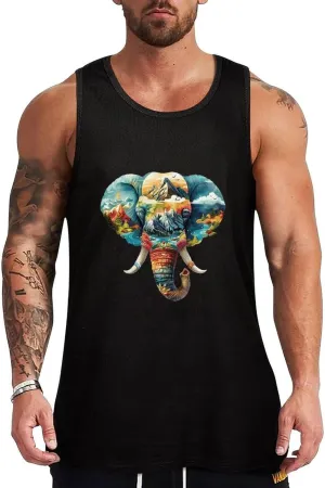 Elephant Landscape Colourful Mountains Mens Tank Top Cotton Undershirt Crewneck Sleeveless Shirt for Summer