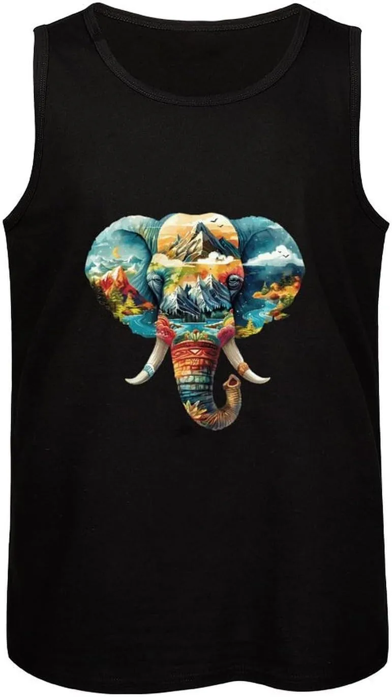 Elephant Landscape Colourful Mountains Mens Tank Top Cotton Undershirt Crewneck Sleeveless Shirt for Summer