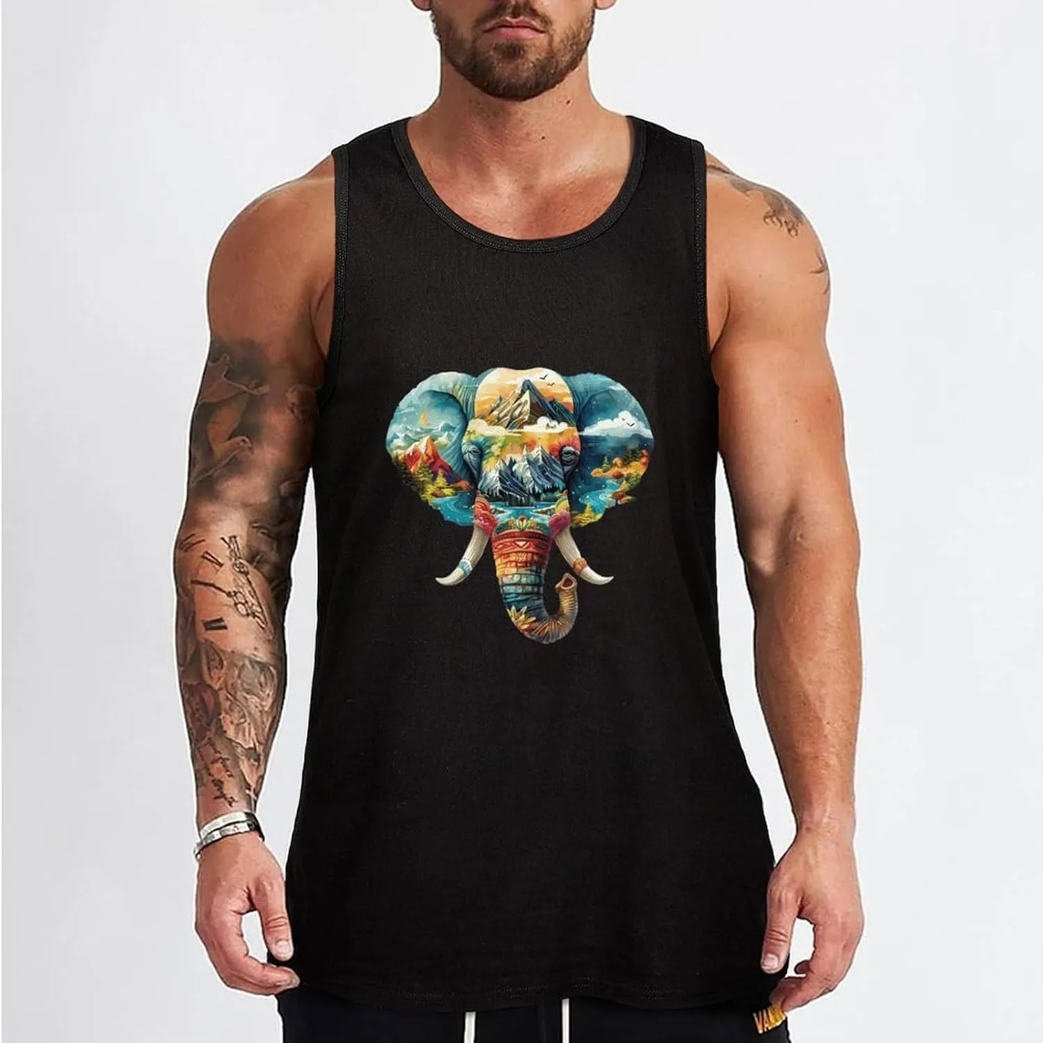 Elephant Landscape Colourful Mountains Mens Tank Top Cotton Undershirt Crewneck Sleeveless Shirt for Summer