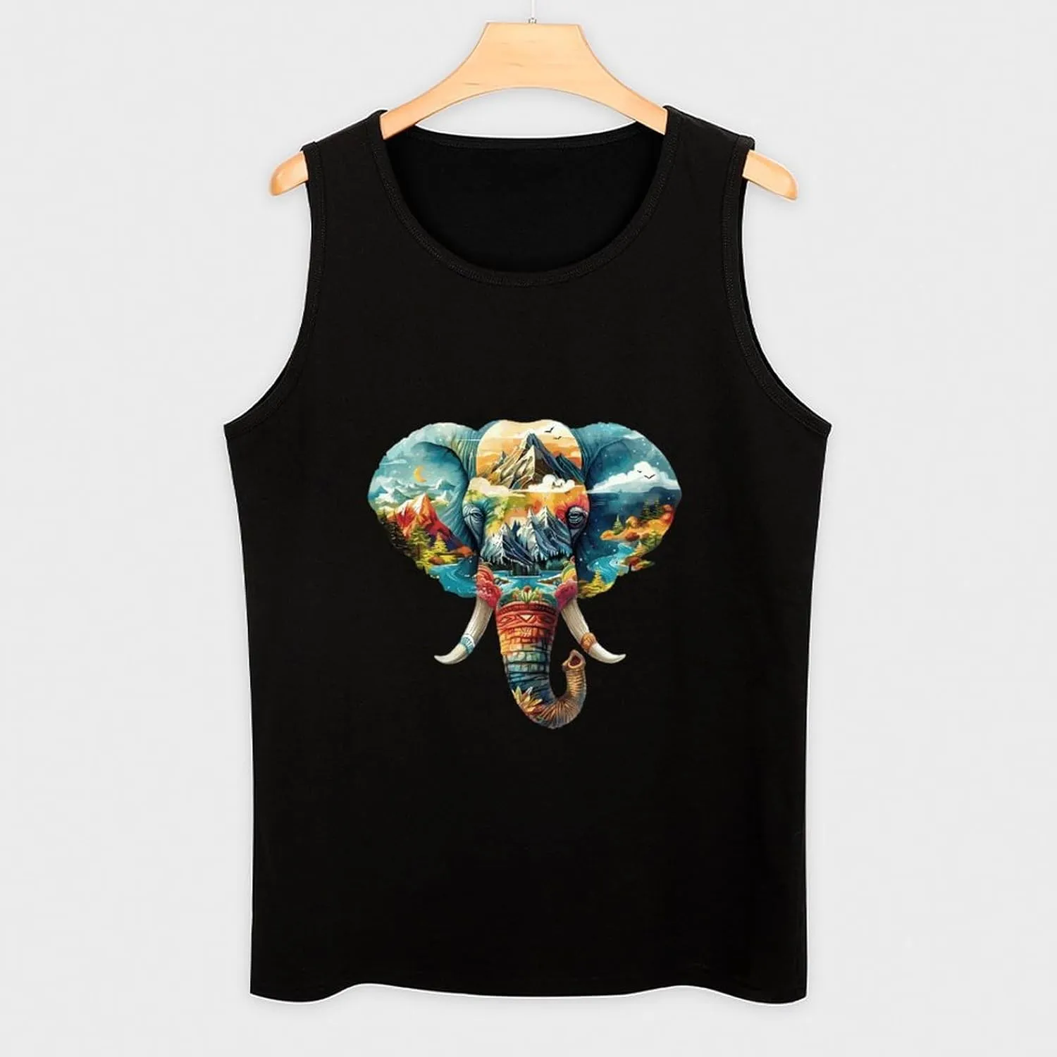 Elephant Landscape Colourful Mountains Mens Tank Top Cotton Undershirt Crewneck Sleeveless Shirt for Summer