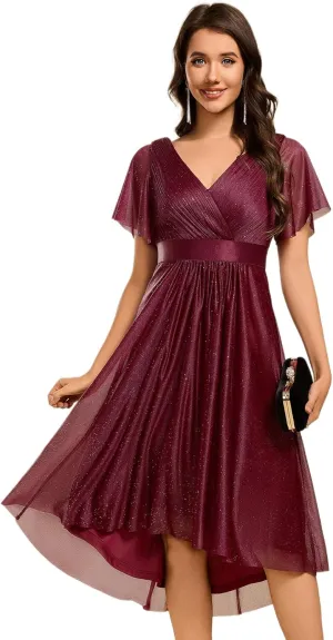 Ever-Pretty Women's Elegant V Neck Pleated Short Sleeves Glitter A Line Midi Wedding Guest Dress 52159