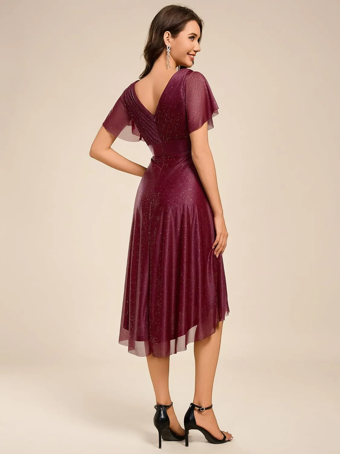 Ever-Pretty Women's Elegant V Neck Pleated Short Sleeves Glitter A Line Midi Wedding Guest Dress 52159