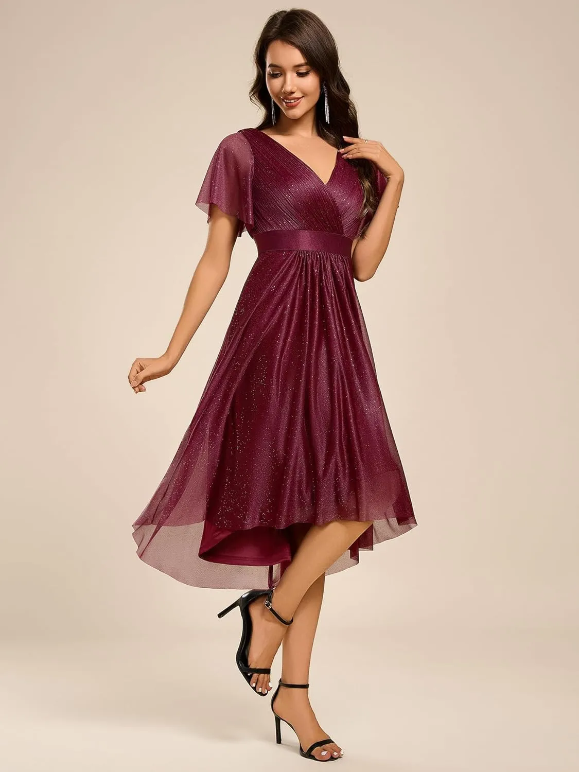 Ever-Pretty Women's Elegant V Neck Pleated Short Sleeves Glitter A Line Midi Wedding Guest Dress 52159
