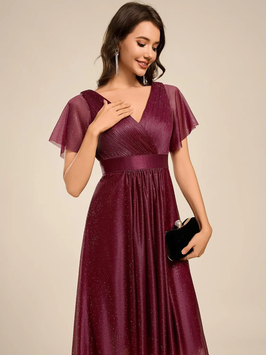 Ever-Pretty Women's Elegant V Neck Pleated Short Sleeves Glitter A Line Midi Wedding Guest Dress 52159