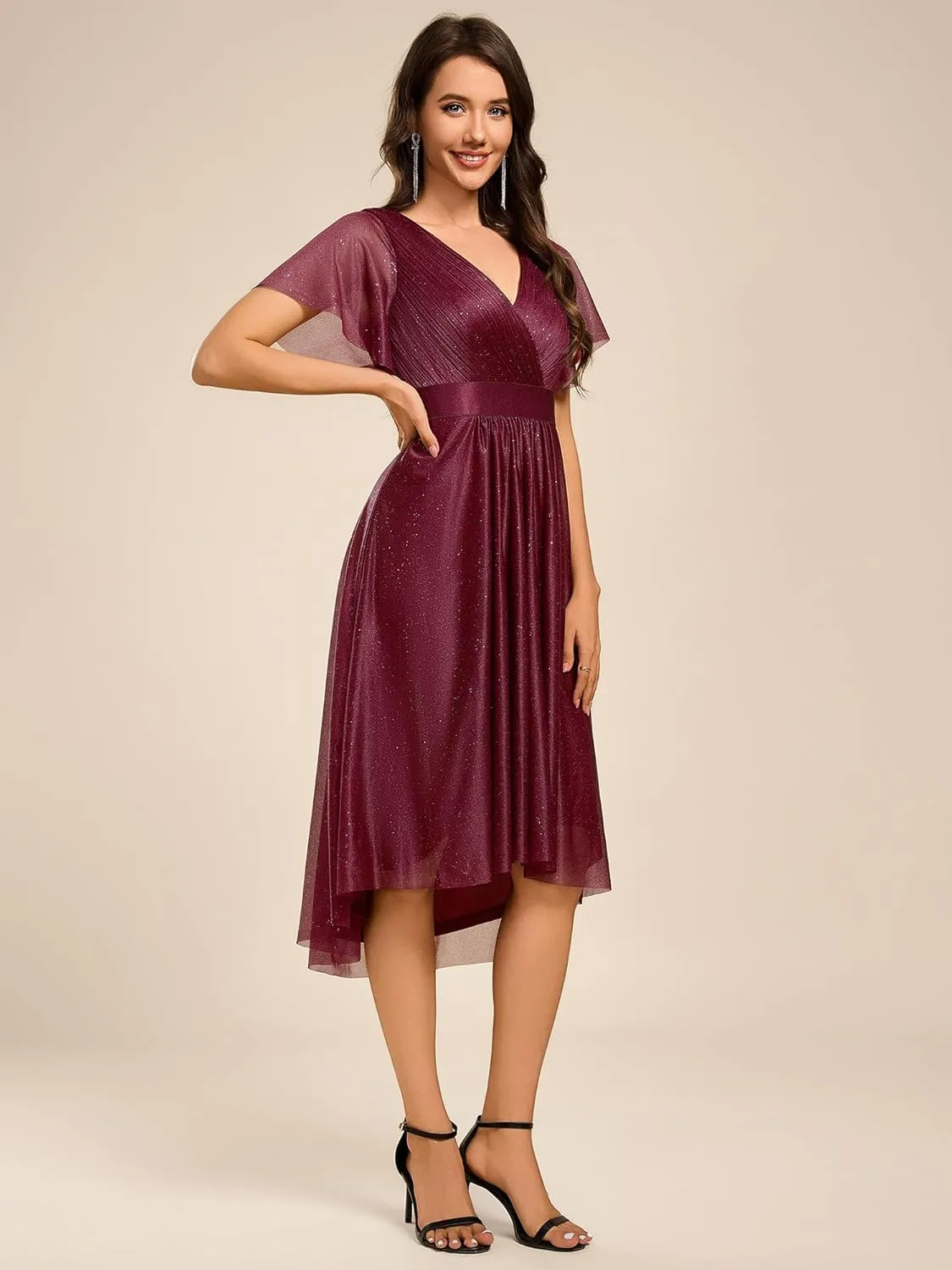 Ever-Pretty Women's Elegant V Neck Pleated Short Sleeves Glitter A Line Midi Wedding Guest Dress 52159