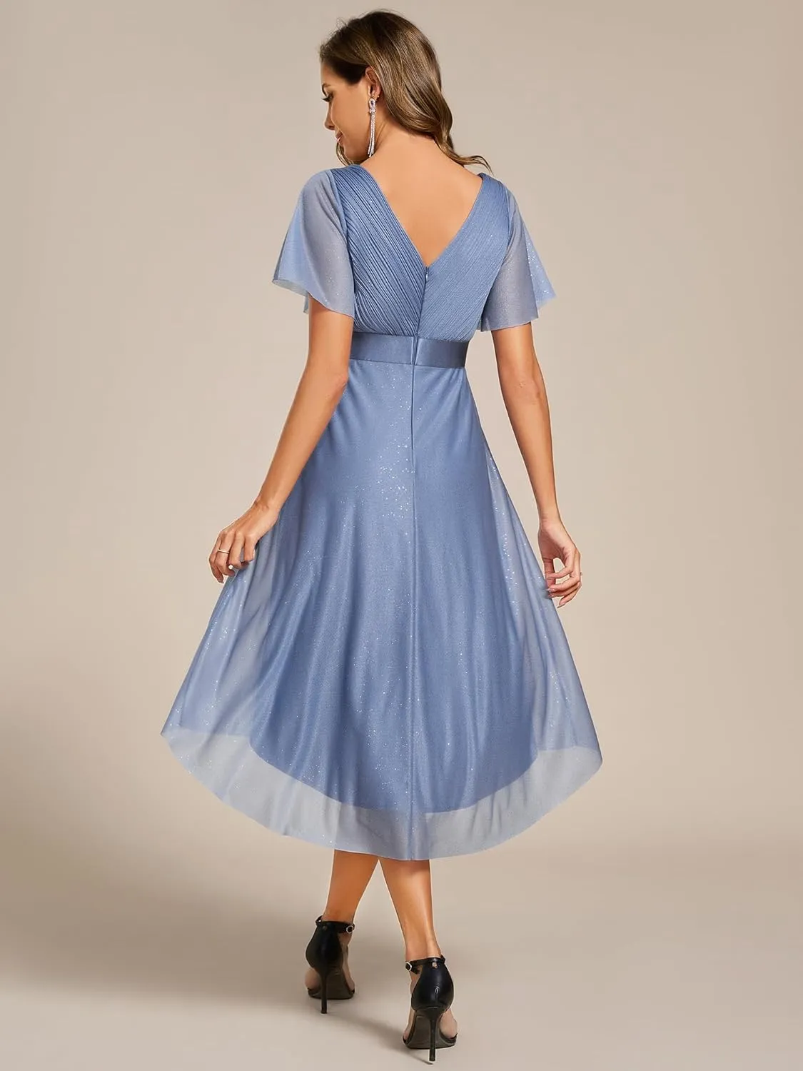 Ever-Pretty Women's Elegant V Neck Pleated Short Sleeves Glitter A Line Midi Wedding Guest Dress 52159