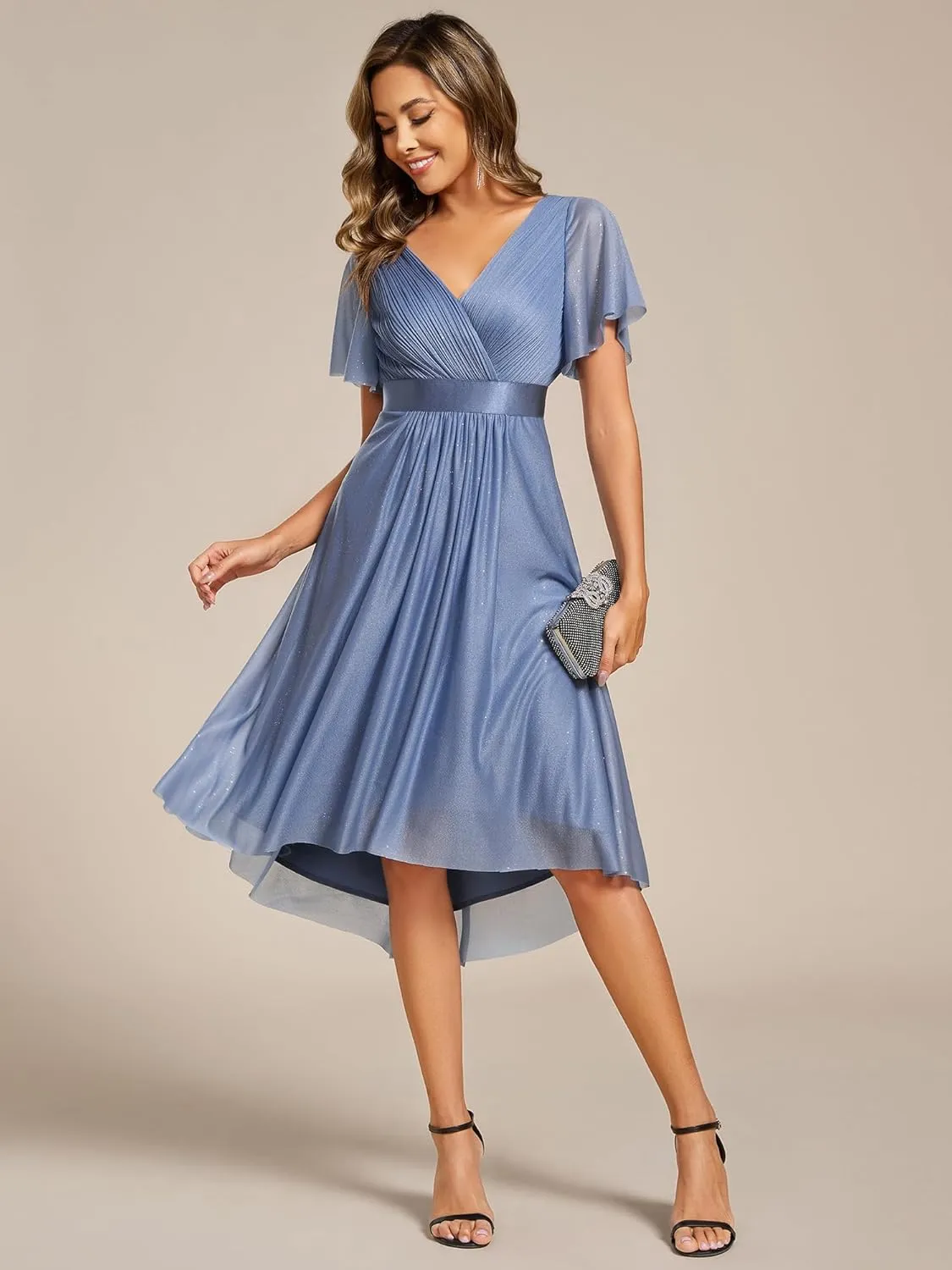 Ever-Pretty Women's Elegant V Neck Pleated Short Sleeves Glitter A Line Midi Wedding Guest Dress 52159