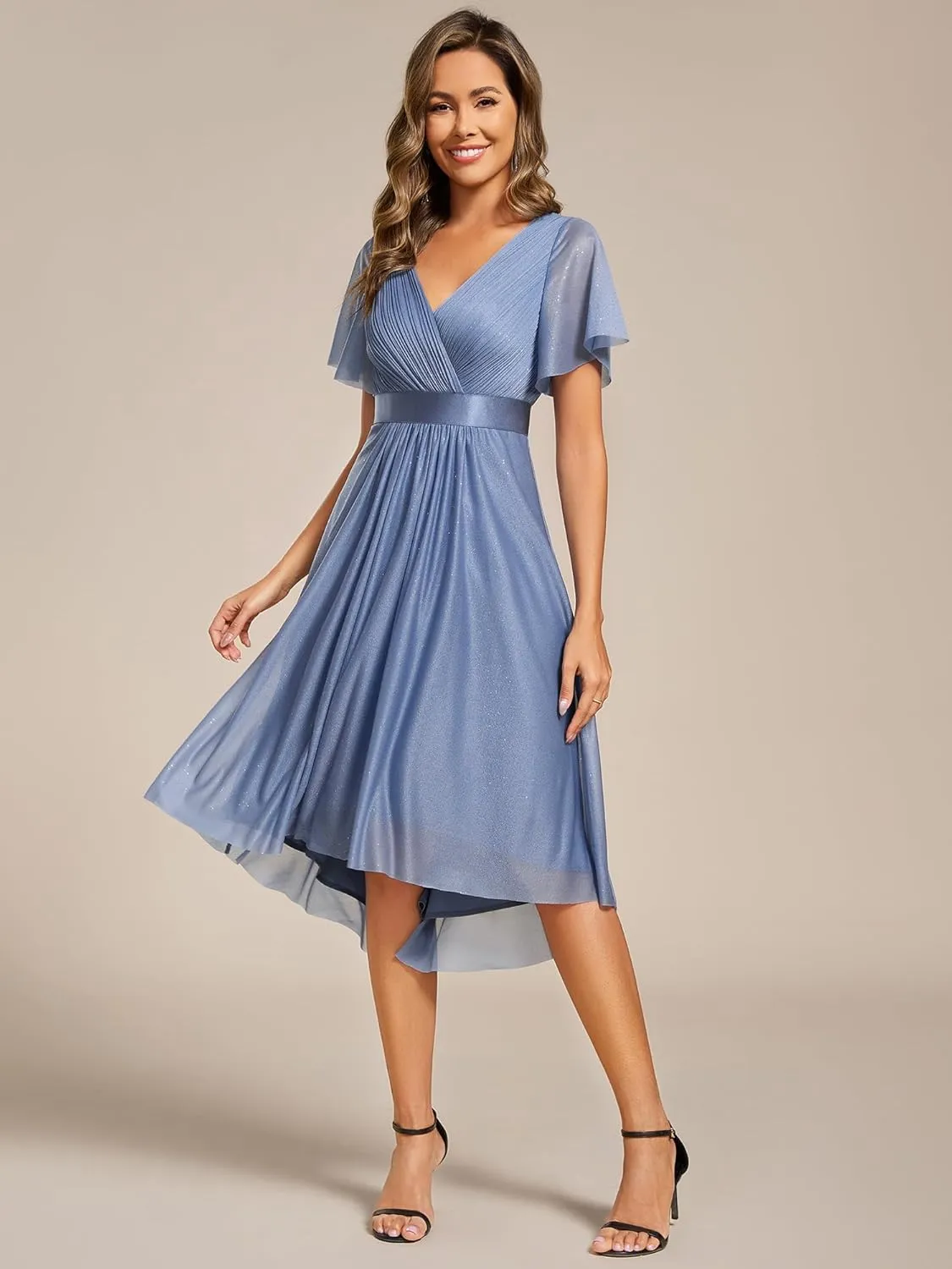 Ever-Pretty Women's Elegant V Neck Pleated Short Sleeves Glitter A Line Midi Wedding Guest Dress 52159