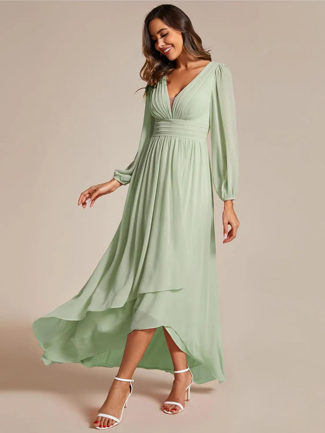 Ever-Pretty Women's Fall Lantern Sleeve A Line High Low Bridesmaid Dresses 02043