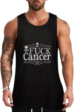 F&ck Cancer Skull and Crossbones Skeleton Breast Cancer Mens Tank Top Cotton Undershirt Crewneck Sleeveless Shirt for Summer