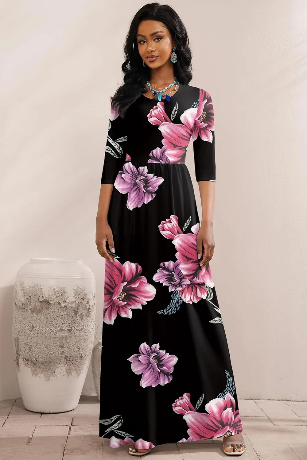 FANDEE Summer Maxi Dress for Women 3/4 Sleeve Crew Neck Floral Print Casual Dress with Pockets