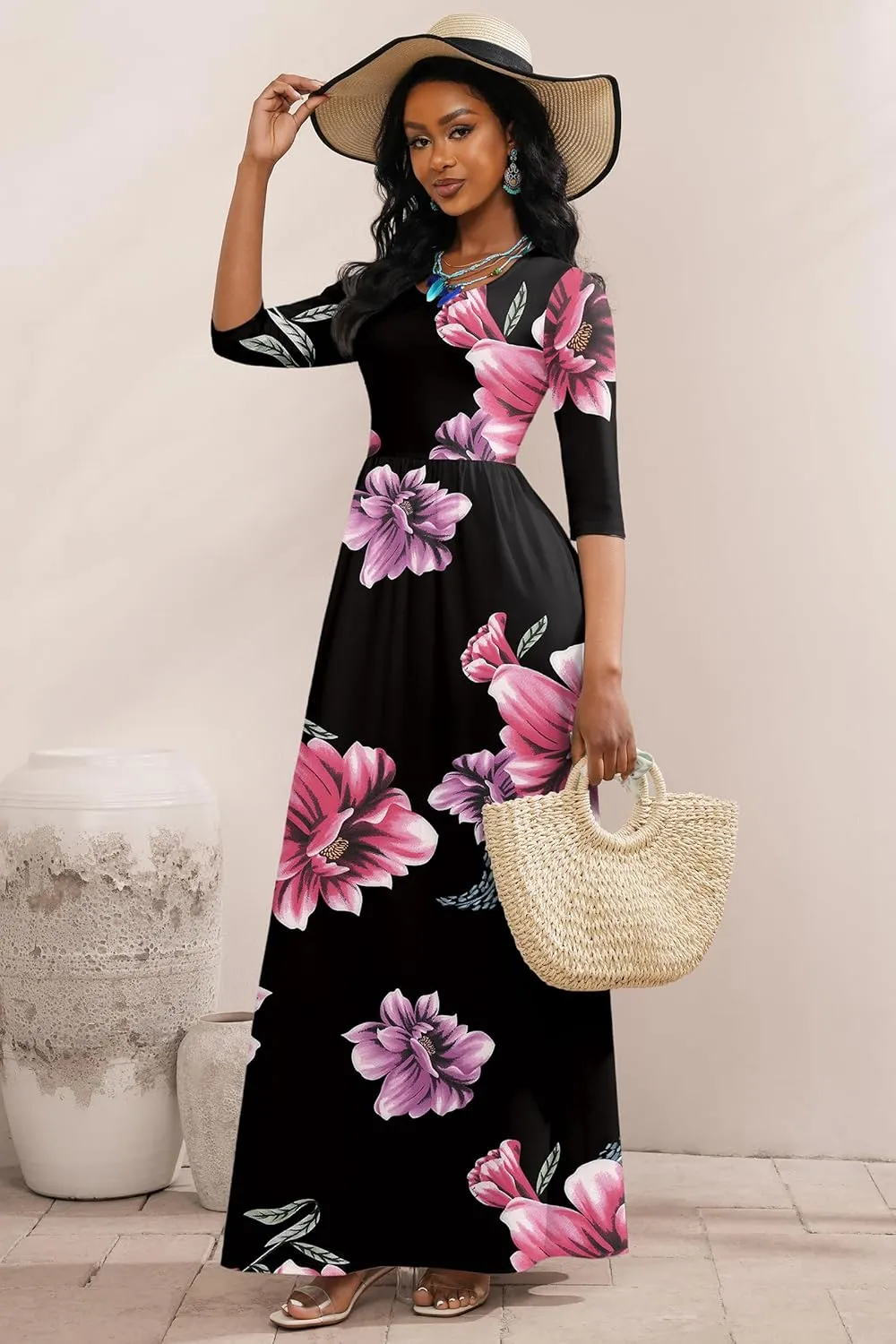 FANDEE Summer Maxi Dress for Women 3/4 Sleeve Crew Neck Floral Print Casual Dress with Pockets