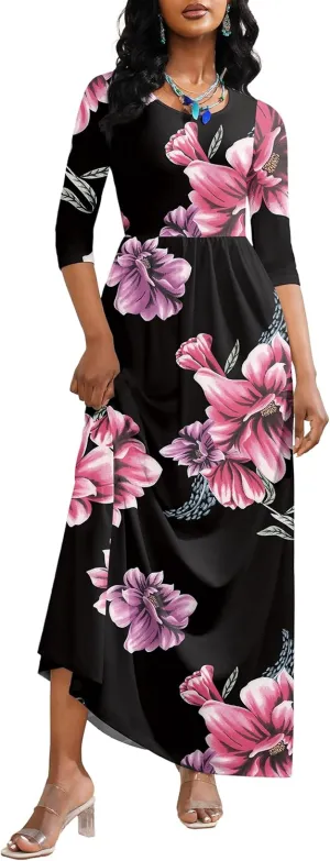 FANDEE Summer Maxi Dress for Women 3/4 Sleeve Crew Neck Floral Print Casual Dress with Pockets