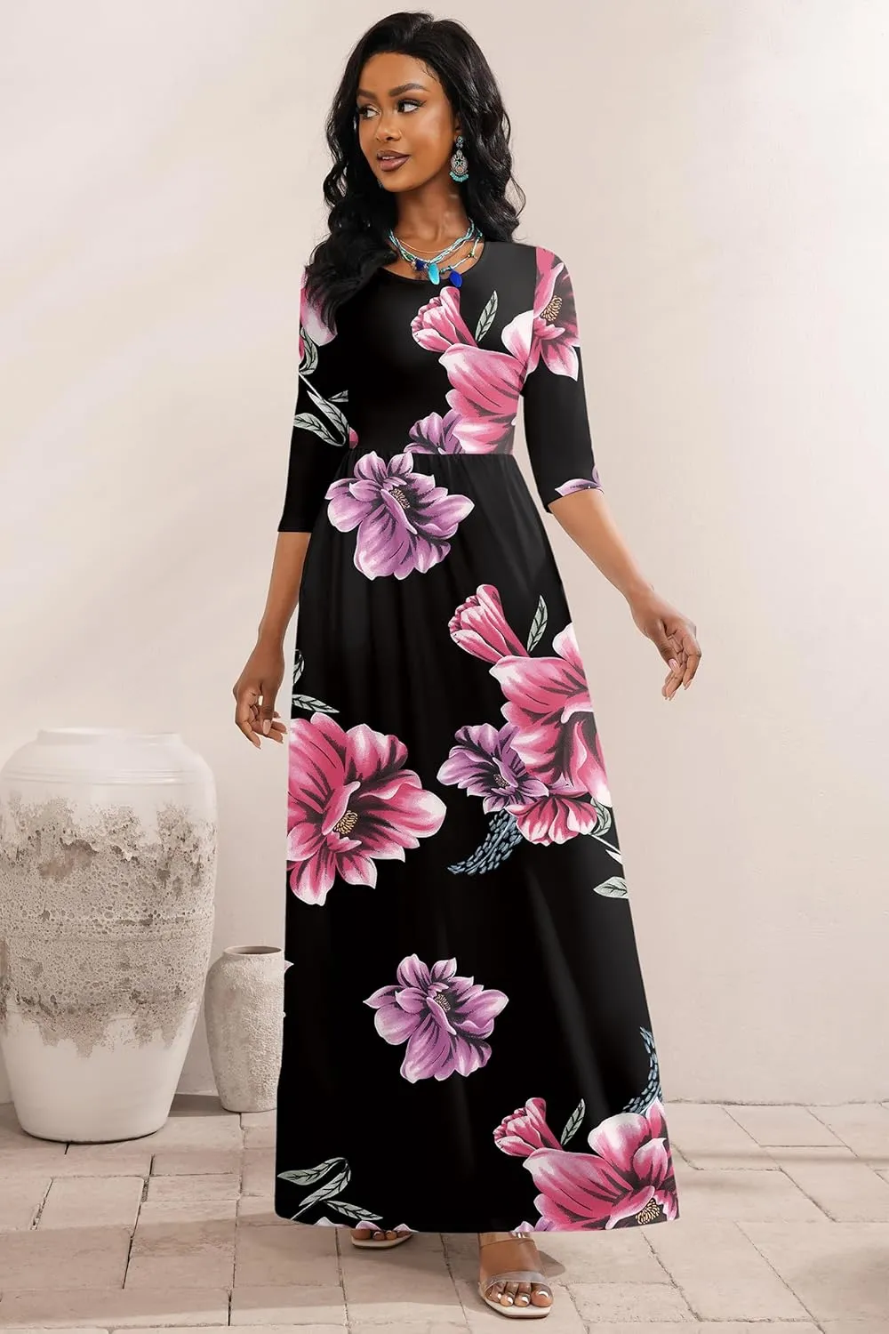 FANDEE Summer Maxi Dress for Women 3/4 Sleeve Crew Neck Floral Print Casual Dress with Pockets