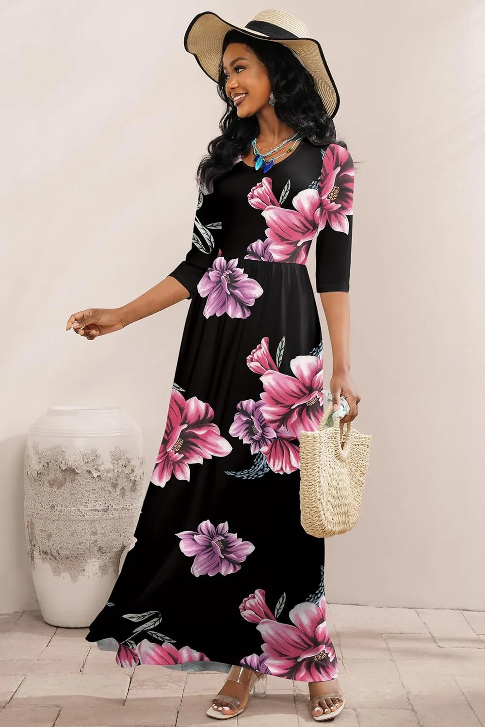 FANDEE Summer Maxi Dress for Women 3/4 Sleeve Crew Neck Floral Print Casual Dress with Pockets
