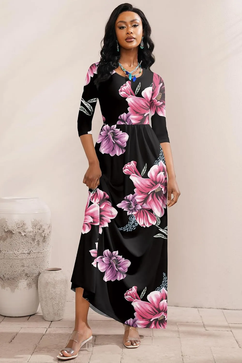 FANDEE Summer Maxi Dress for Women 3/4 Sleeve Crew Neck Floral Print Casual Dress with Pockets