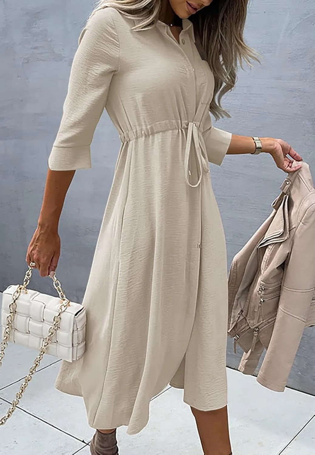 Febriajuce Women's 3/4 Sleeve Midi Dress Casual Drawstring Belted Round Neck Plain Tie Waist Loose High Waist Long Dress