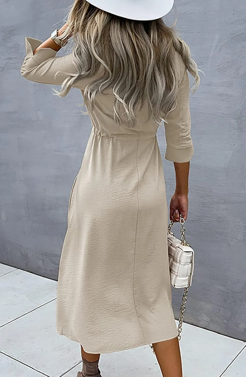 Febriajuce Women's 3/4 Sleeve Midi Dress Casual Drawstring Belted Round Neck Plain Tie Waist Loose High Waist Long Dress