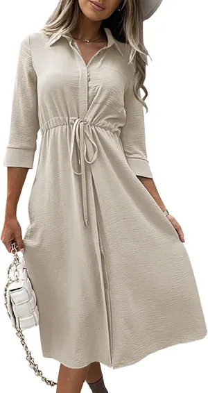 Febriajuce Women's 3/4 Sleeve Midi Dress Casual Drawstring Belted Round Neck Plain Tie Waist Loose High Waist Long Dress