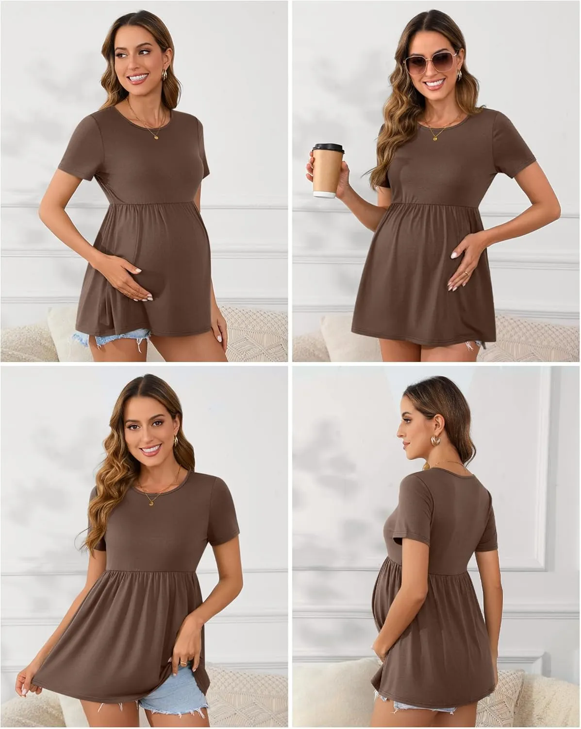 Ficerd 3 Packs Cotton Women's Maternity Tops Short Sleeve Scoop Neck Elastic Band High Waist Shirts Pregnancy Clothes