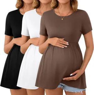 Ficerd 3 Packs Cotton Women's Maternity Tops Short Sleeve Scoop Neck Elastic Band High Waist Shirts Pregnancy Clothes