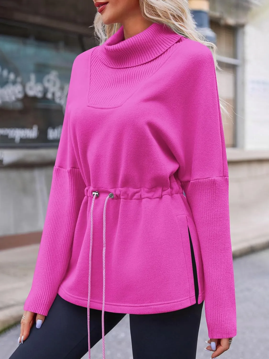 Fisoew Women's Turtleneck Sweatshirts Fleece Drawstring Waist Casual Long Sleeve Pullover Sweater Side Slit Tunic Tops