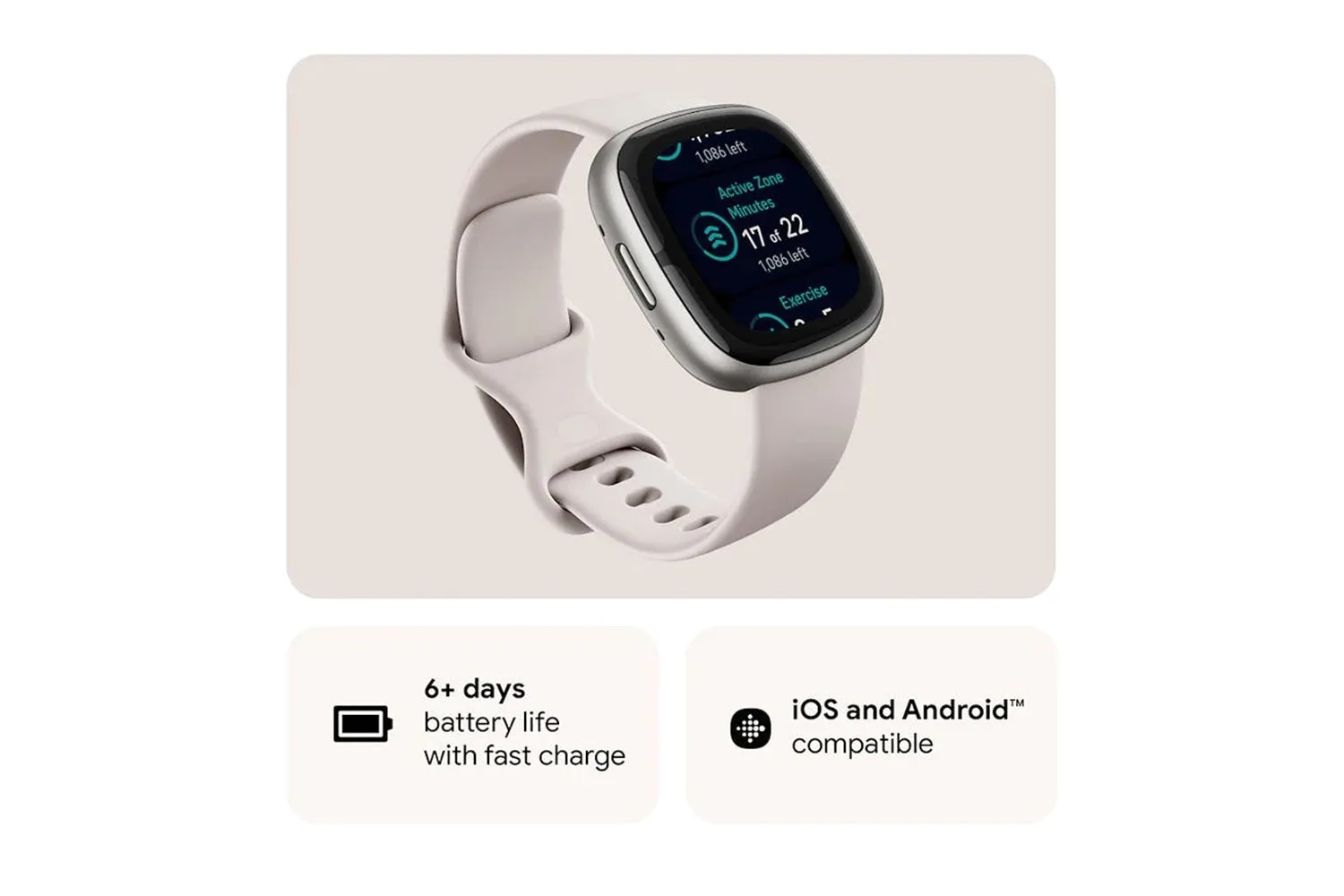 Fitbit Sense 2 Smartwatch | Lunar White & Platinum