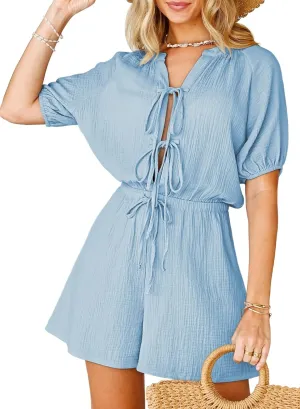 Fixmatti Women Summer Romper - Self Tie V Neck Casual Jumpsuit