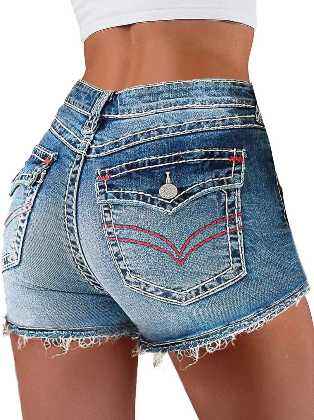 Flamingals Women Jean Shorts High Waist Distressed Frayed Raw Hem Straight Leg Denim Shorts