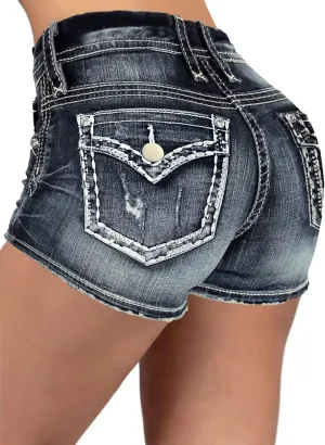Flamingals Women's Ripped Stretchy Jean Shorts Mid Rise Skinny Denim Shorts Distressed Frayed Raw Hem Casual Summer Shorts