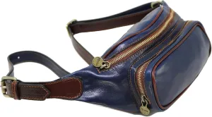 Floto Leather Fanny Pack Daypack Waist Bag Belly Belt Bag (Blue and Brown)