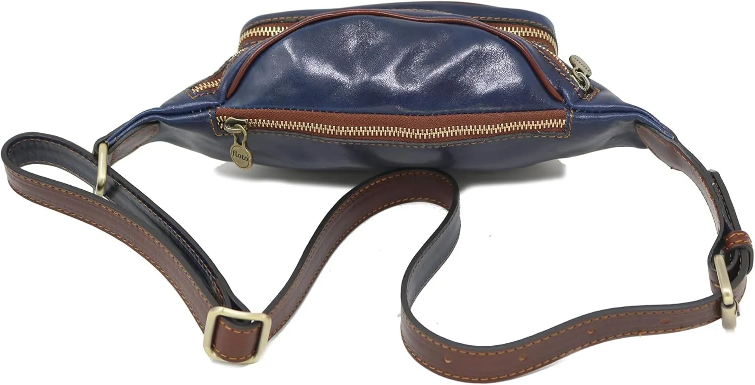 Floto Leather Fanny Pack Daypack Waist Bag Belly Belt Bag (Blue and Brown)