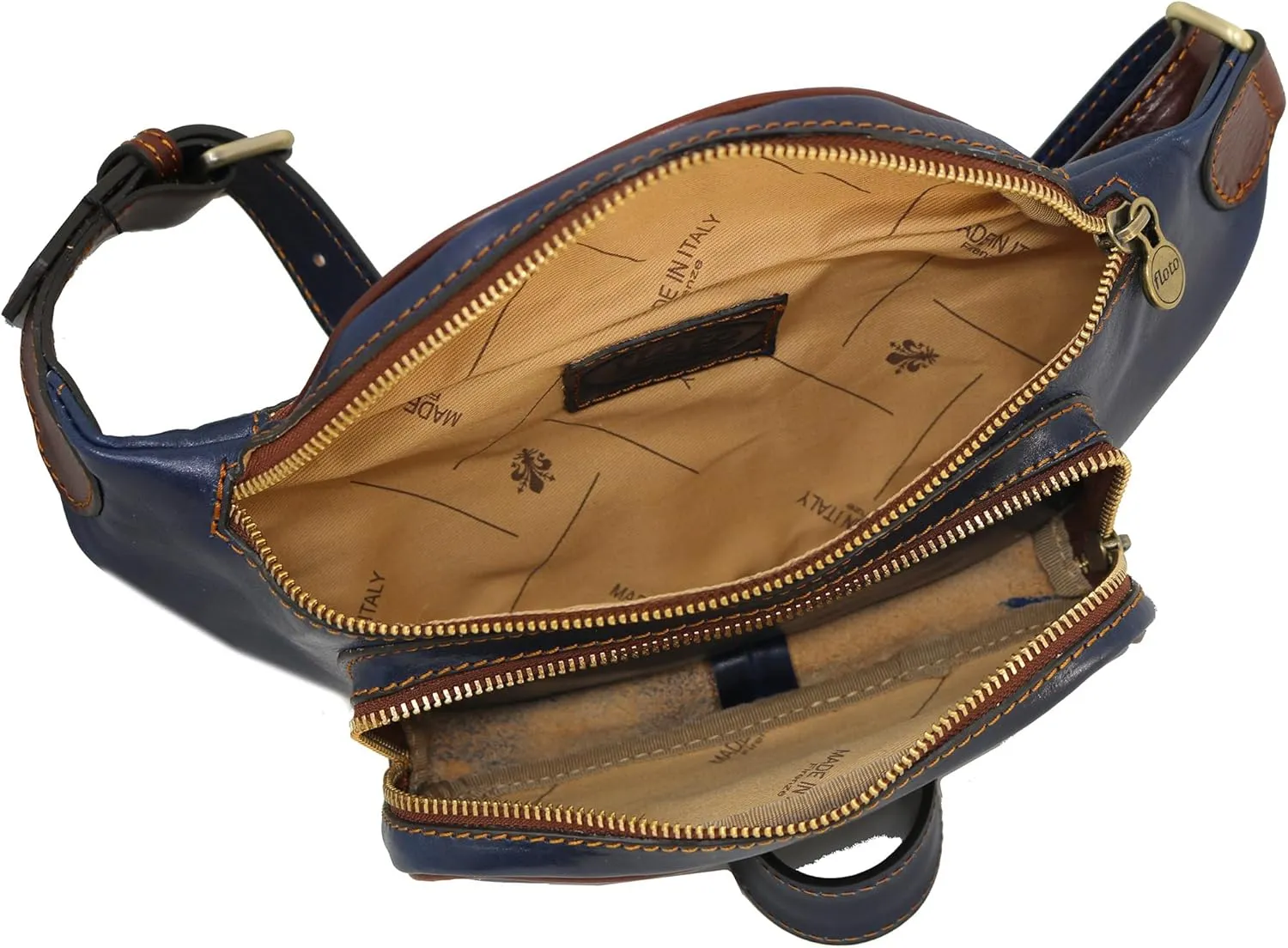 Floto Leather Fanny Pack Daypack Waist Bag Belly Belt Bag (Blue and Brown)